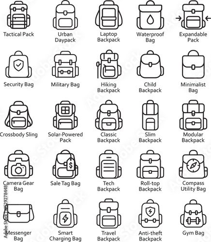 Backpack Icons Vector Set: Line Art on White.