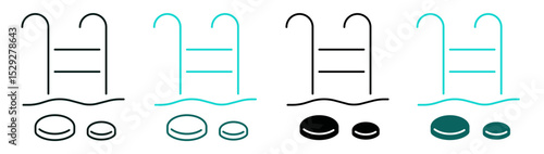 Liquidity pool symbol. Coins on water icon set. DeFi, blockchain, cryptocurrency or technology concept. Color or Black logo for web, ui, or mobile app. Line or solid sign. Editable vector stroke.