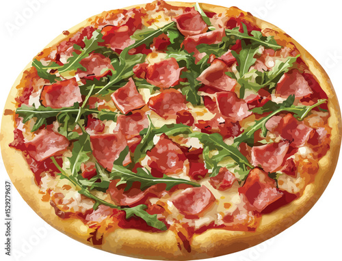 Delicious salami and arugula pizza isolated on white background