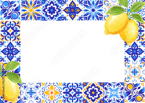 Vector illustration of Italian ceramic pattern of blue and white tiles. Mediterranean porcelain ceramics. Ethnic folk ornament. Mexican talavera, Portuguese azulejo, Spanish majolica. Element for your