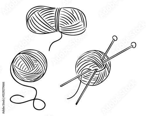 Knitting set with yarn balls and needles in a simple hand-drawn style. Concept reflects handmade crafting, coziness and traditional hobby