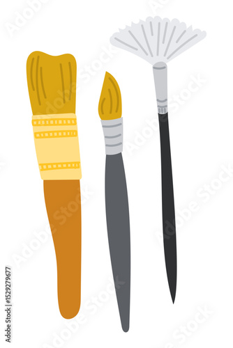 Set of three paint brushes in different shapes and colors in flat vector style. Concept illustrates creativity, artistic tools and the process of painting