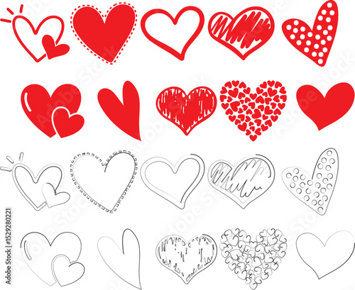 Love hearts icon. Abstract red loving heart symbols for valentines day, outline lovely red heart elements and love silhouette icons isolated set. Romance linear and filled symbol bundle. heart icon

