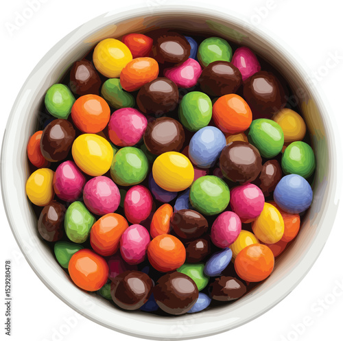 Colorful candy coated chocolate candies in a white bowl isolated on white background