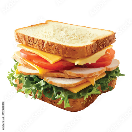 Delicious turkey sandwich with cheese tomato and lettuce isolated on white background