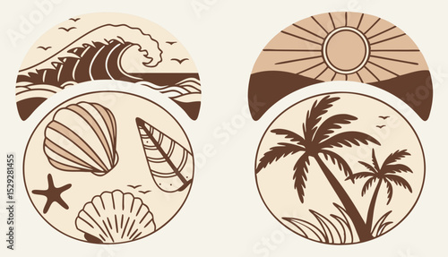 Boho coastal social media highlight icons featuring seashells, waves, sun, palm leaves, and abstract nature elements in earthy tones. Perfect for beach, travel, tropical, and aesthetic branding       