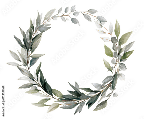 Watercolor Greenery Wreath Illustration - Botanical Circle Frame for Wedding Invitations, Cards, and Design Projects (Isolated on White)