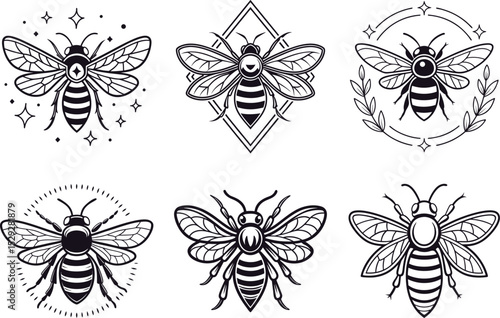 Six stylish bee designs perfect for logo branding insect themed projects offering scalable line art graphics