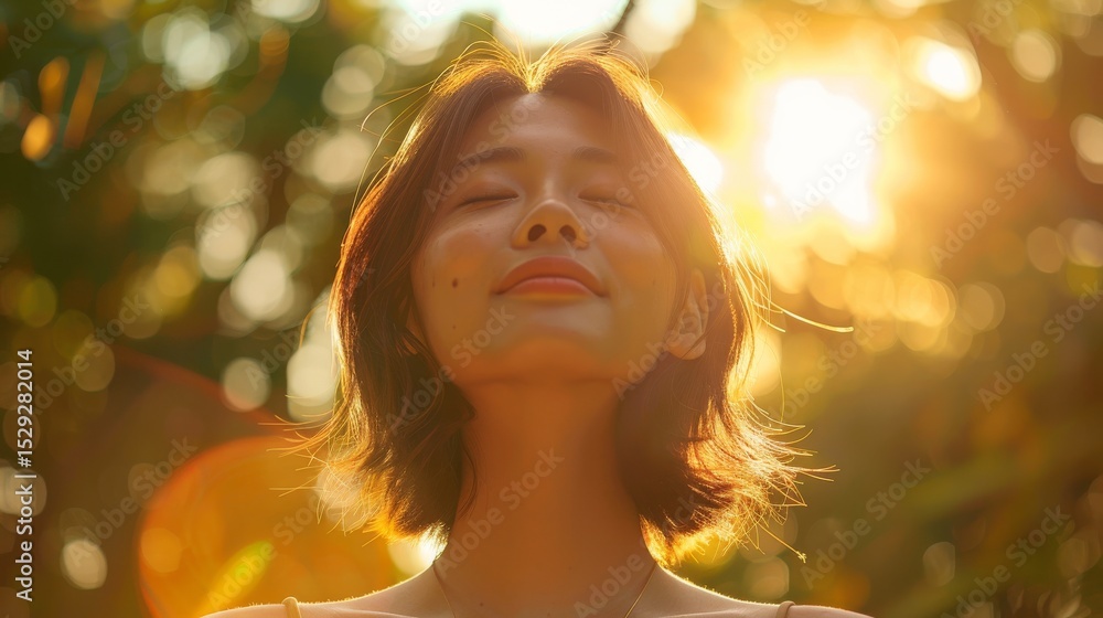 Fototapeta premium A peaceful moment captured in nature as a woman with closed eyes enjoys the warm golden sunlight filtering through lush greenery, evoking feelings of serenity and tranquility.