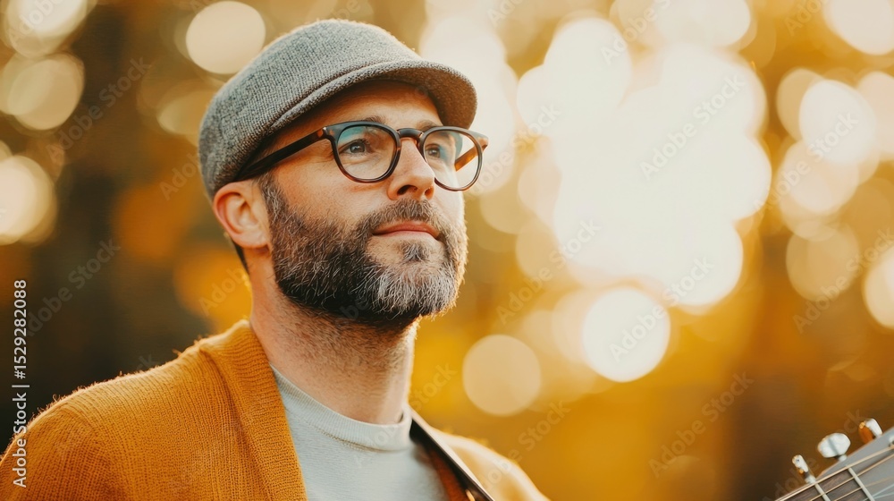 Portrait of a bearded bespectacled man wearing a cap and holding an acoustic guitar in a natural park setting with a soft warm bokeh effect in the background capturing a pensive creative mood Portrait of a bearded bespectacled man wearing a cap and holding an acoustic guitar in a natural park setting with a soft warm bokeh effect in the background capturing a pensive creative mood