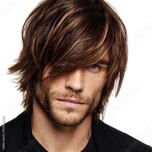 Man with brown hair and highlights hairstyle trendy haircut male model portrait fashion photography style