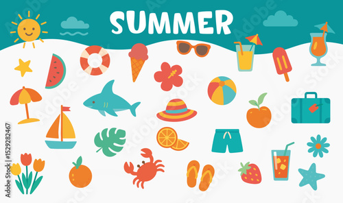 colorful summer clipart set with beach elements, fruits, drinks and vacation icons in flat style