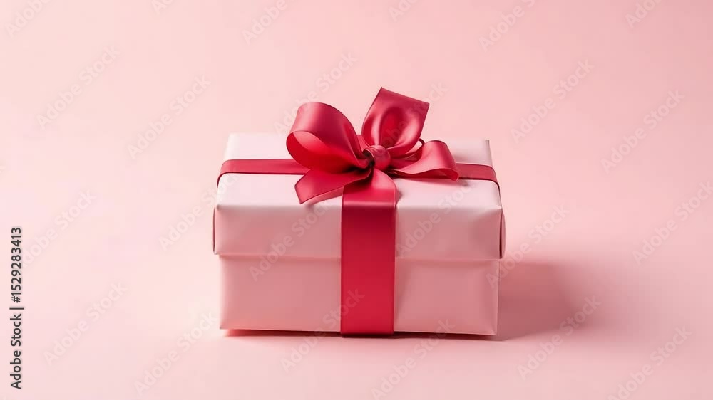 Pink Gift Box with Red Ribbon Bow on Pink Background
Pink Gift Box with Red Ribbon Bow on Pink Background