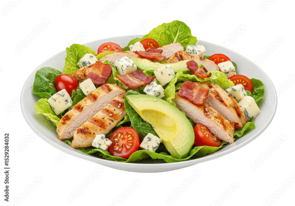 Grilled chicken salad with fresh greens, tomatoes, bacon, and blue cheese on a white plate Grilled chicken salad with fresh greens, tomatoes, bacon, and blue cheese on a white plate