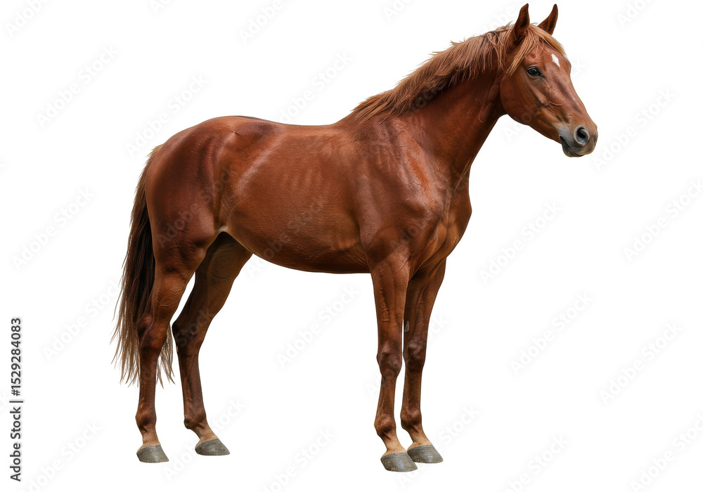 Fototapeta premium Majestic chestnut horse standing gracefully in a lush green pasture under a clear sky