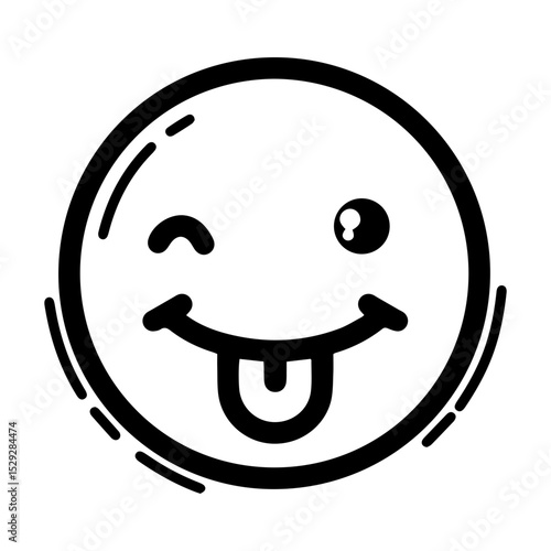 Outline style emoji making a silly expression. Features one winking eye and one open eye, wide grin, and a tongue playfully sticking out. Used to convey silliness, playfulness, mischief, teasing tone