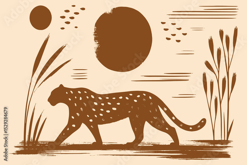 Leopard in boho landscape, naive flat vector illustration