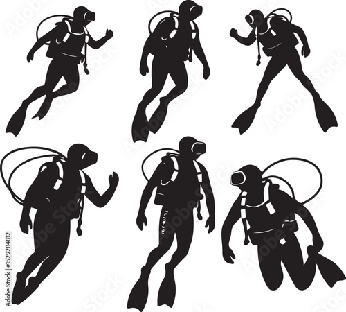 Six Silhouettes of Scuba Divers in Dynamic Poses Vector Illustration Set