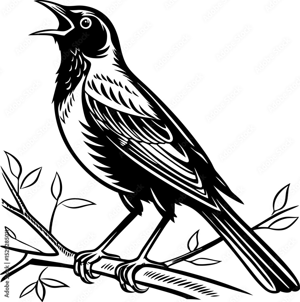 Obraz premium Silhouette of a american robin illustration of a bird singing on a branch against a Transparent background