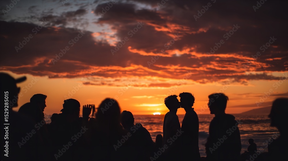 Romantic gay couple kissing silhouette at sunset beach with crowd and orange sky background photo Romantic gay couple kissing silhouette at sunset beach with crowd and orange sky background photo
