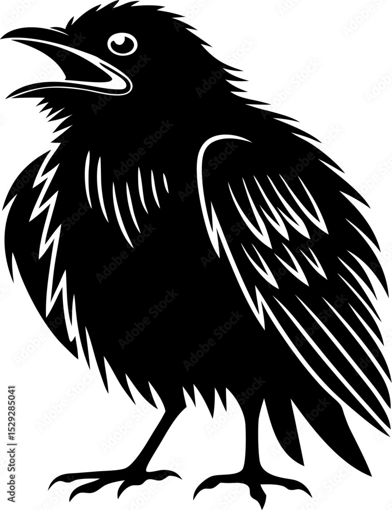 Fototapeta premium Silhouette of a american robin outline drawing of a crow standing with its beak open