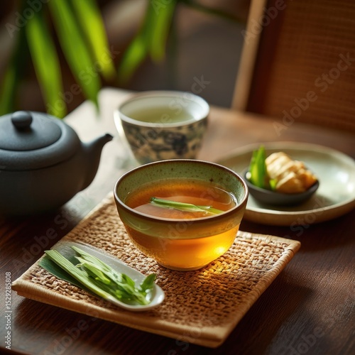 A warm, inviting tea service, featuring a bowl of tea with accompanying treats
