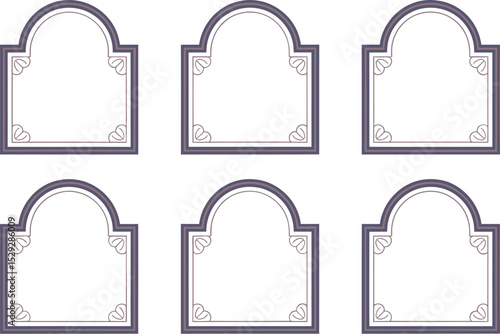 Classic vintage outline frames. Purple and gray framed arches, niche shapes, and curved ornamental templates  
