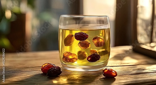 Glass of raisin water refreshing drink with soaked raisins healthy beverage concept close up