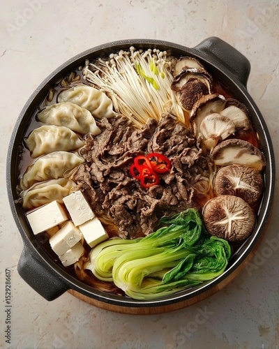 Korean Hot Pot with Beef, Dumplings, Mushrooms and Vegetables – Overhead View