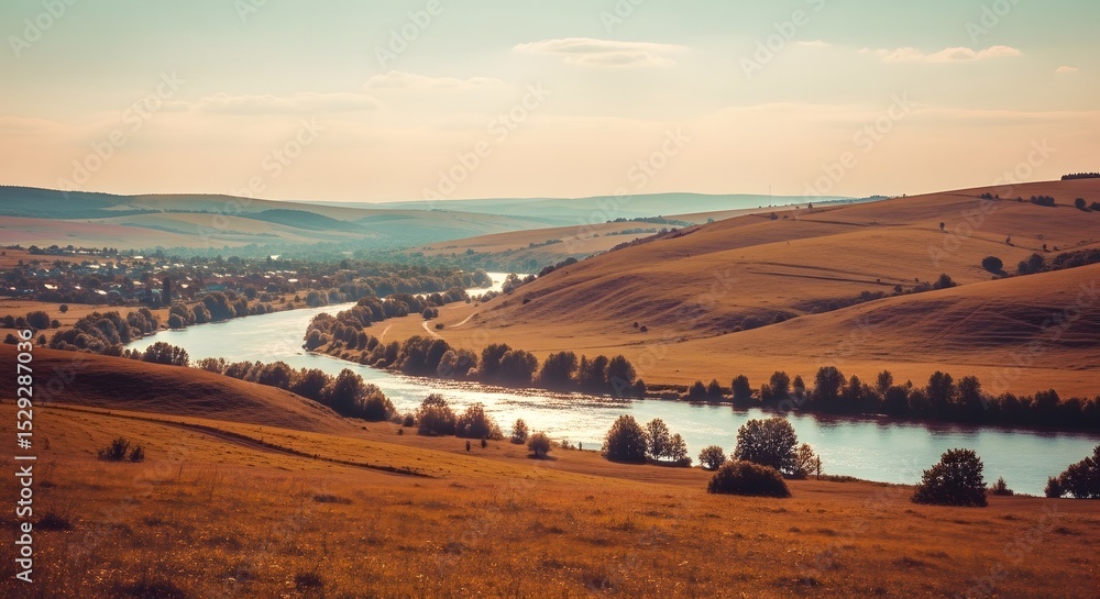 Scenic Valley Landscape River Flowing Through Rolling Hills, Trees, Houses, Nature, Day, Scenery. Scenic Valley Landscape River Flowing Through Rolling Hills, Trees, Houses, Nature, Day, Scenery.