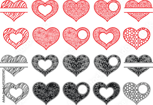 Love hearts icon. Abstract red loving heart symbols for valentines day, outline lovely red heart elements and love silhouette icons isolated set. Romance linear and filled symbol bundle. heart icon
