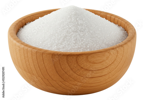 A close-up view of a wooden bowl filled with granulated sugar, set against a simple backdrop