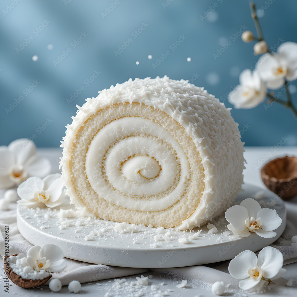 Fototapeta premium The Coconut Snow Spiral roll cake is a pristine, wintry creation that feels like a bite of gentle snowfall.