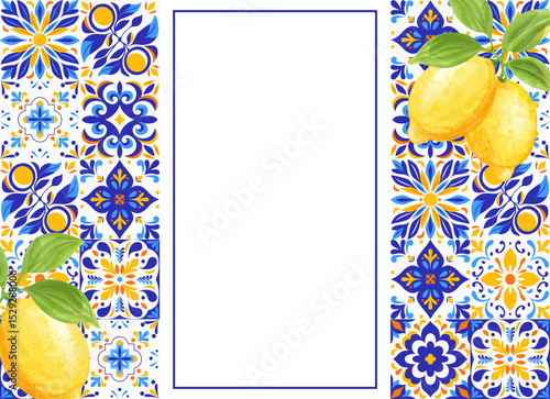 Vector illustration of Italian ceramic pattern of blue and white tiles. Mediterranean porcelain ceramics. Ethnic folk ornament. Mexican talavera, Portuguese azulejo, Spanish majolica. Element for your
