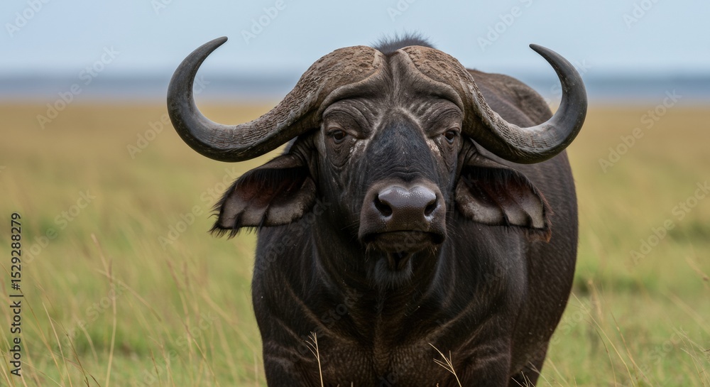 A powerful African buffalo stands alert in the savannah, its sturdy frame and curved horns symbolizing strength and resilience in the wild. A powerful African buffalo stands alert in the savannah, its sturdy frame and curved horns symbolizing strength and resilience in the wild.