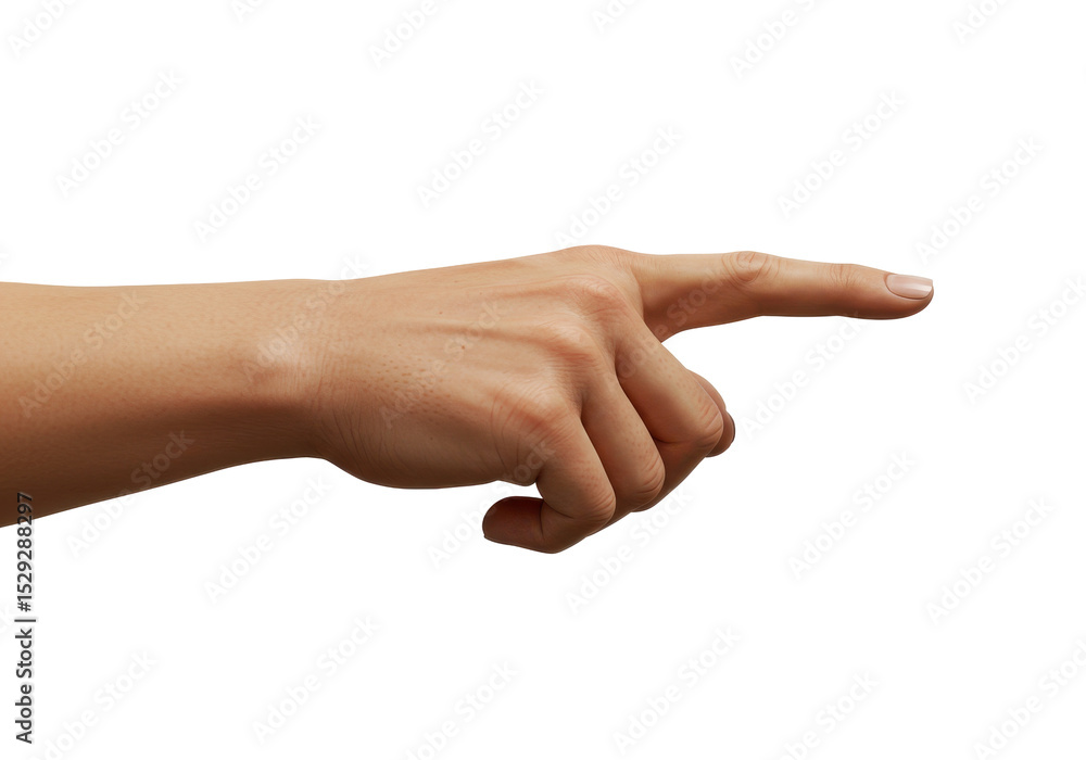 A close-up of a hand pointing with an outstretched finger against a neutral background A close-up of a hand pointing with an outstretched finger against a neutral background