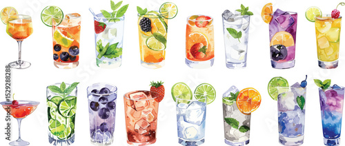Watercolor Cocktails Vector Illustration on White Background