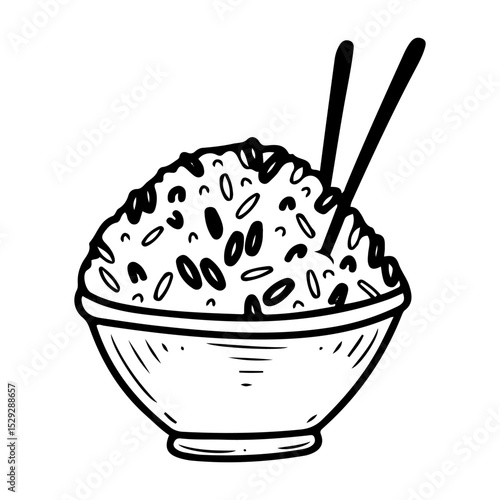 Bowl of boiled rice with chopsticks. Hand drawn doodle vector. Traditional Asian food. Side dish. Restaurant menu. Illustration line art element.