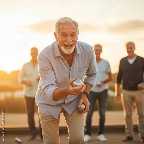 Active retirement lifestyle: a group of happy senior friends enjoying a game of bocce and drinks in a park at sunset
