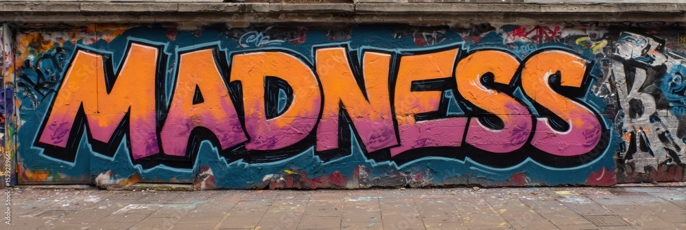 Fototapeta premium Vibrant Graffiti Mural Showcasing the Word Madness on an Urban Wall in a Busy City Area