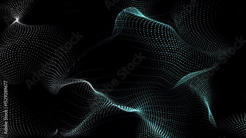 Digital particle dot wave form motion and movement dissolve in the depth of field, abstract technology and science background