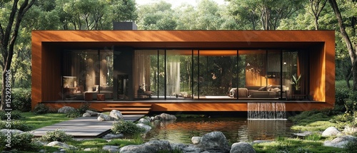Modern orange house in woods with pond