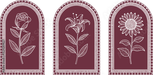 Botanic floral arch frames. Red arch shapes with flower illustrations including sunflower, rose and botanical art  