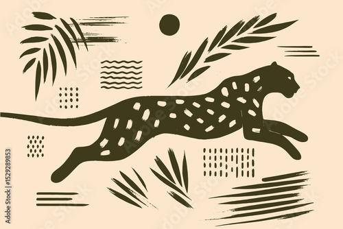Leopard running in boho style, naive flat vector illustration


