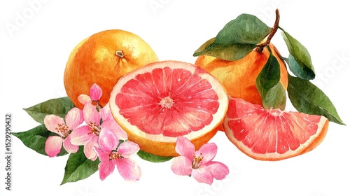 Watercolor Grapefruit Still Life with Blossoms