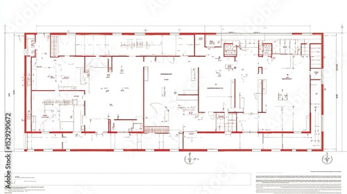 Generic architectural blueprint layout showing red line detailed structure plan on white background