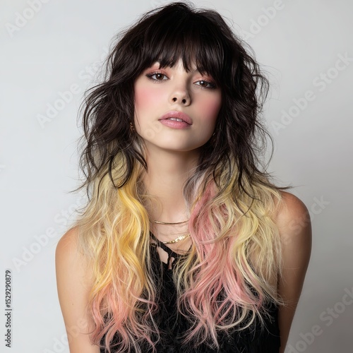 Trendy mullet haircut with bangs and colorful highlights for women hairstyle inspiration and ideas