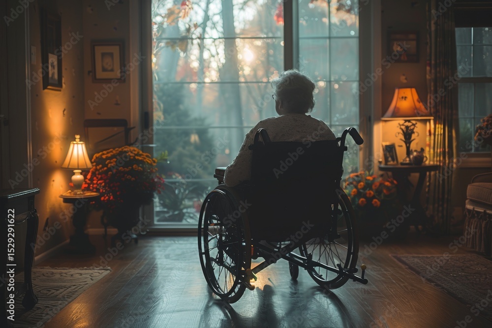 Obraz premium An elderly woman gazes out from her wheelchair, experiencing a serene moment as soft evening light filters through a window surrounded by blooming flowers, evoking warmth and peace.