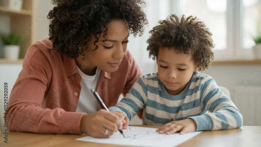 Parent encouraging child during drawing session at home Parent encouraging child during drawing session at home