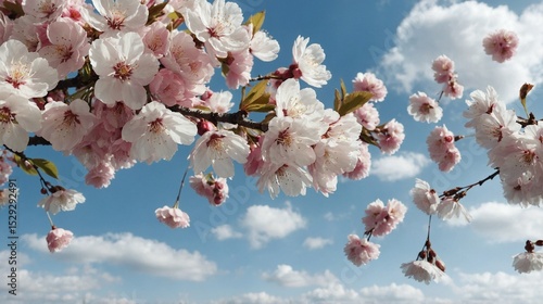 Pink and White Cherry Blossoms Falling in a Gentle Breeze Against a Blue Sky